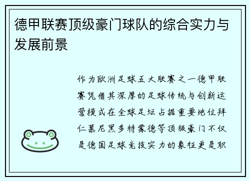 德甲联赛顶级豪门球队的综合实力与发展前景